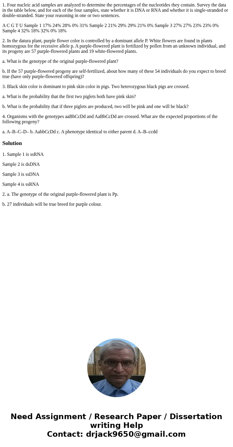 1. Four nucleic acid samples are analyzed to determine the percentages of the nucleotides they contain. Survey the data in the table below, and for each of the 