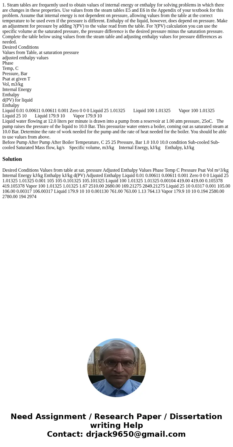 1. Steam tables are frequently used to obtain values of internal energy or enthalpy for solving problems in which there are changes in these properties. Use val