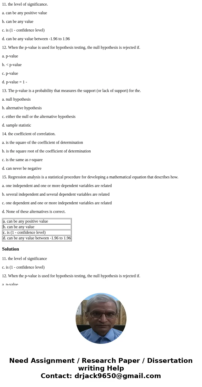 11. the level of significance. a. can be any positive value b. can be any value c. is (1 - confidence level) d. can be any value between -1.96 to 1.96 12. When 