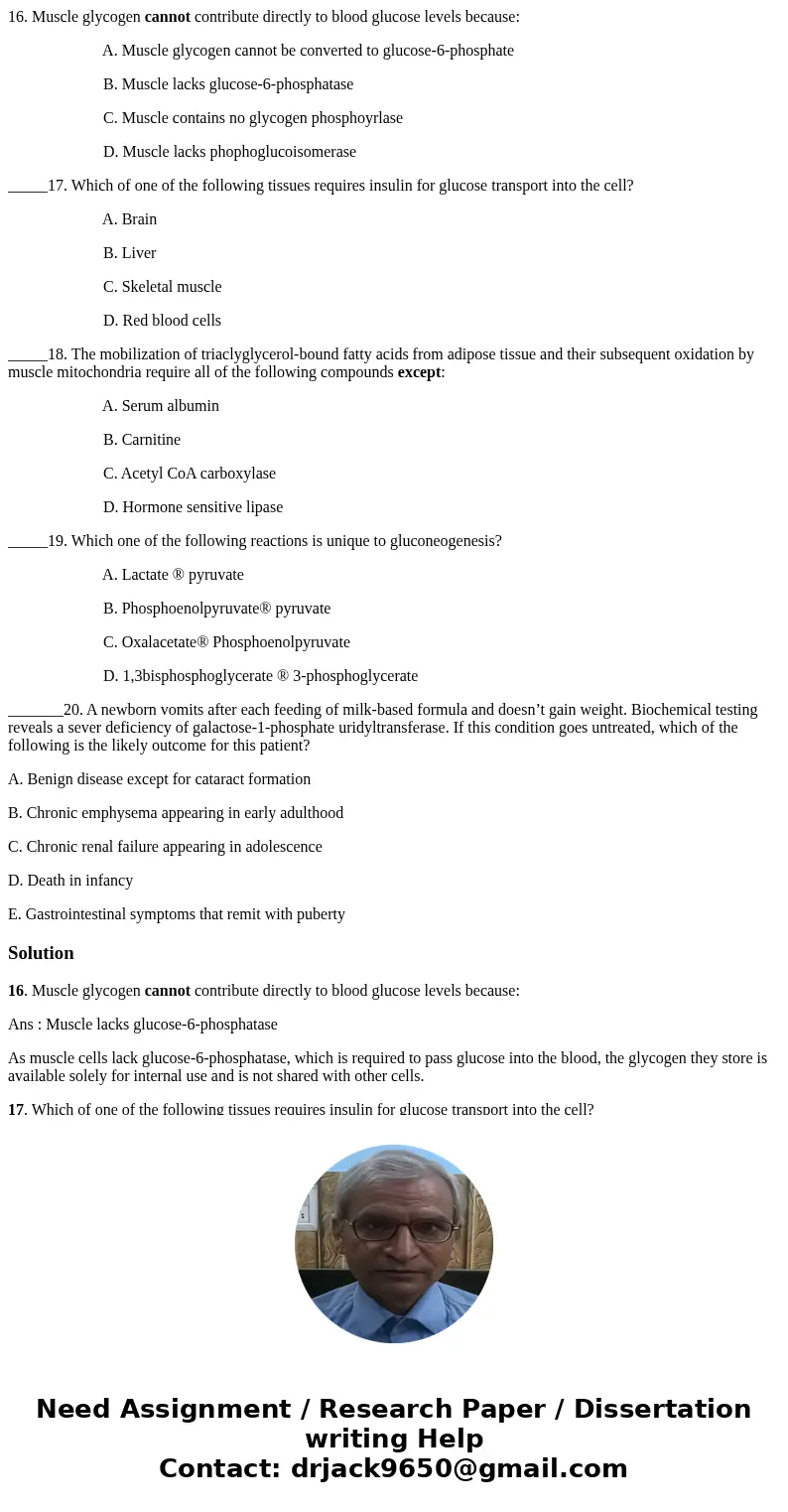 16. Muscle glycogen cannot contribute directly to blood glucose levels because: A. Muscle glycogen cannot be converted to glucose-6-phosphate B. Muscle lacks gl 16. Muscle glycogen cannot contribute directly to blood glucose levels because: A. Muscle glycogen cannot be converted to glucose-6-phosphate B. Muscle lacks gl