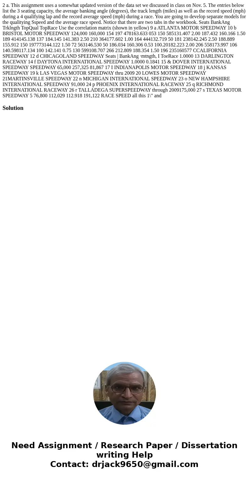  2 a. This assignment uses a somewhat updated version of the data set we discussed in class on Nov. 5. The entries below list the 3 seating capacity, the averag