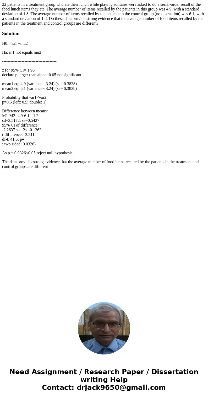 22 patients in a treatment group who ate their lunch while playing solitaire were asked to do a serial-order recall of the food lunch items they ate. The averag 22 patients in a treatment group who ate their lunch while playing solitaire were asked to do a serial-order recall of the food lunch items they ate. The averag