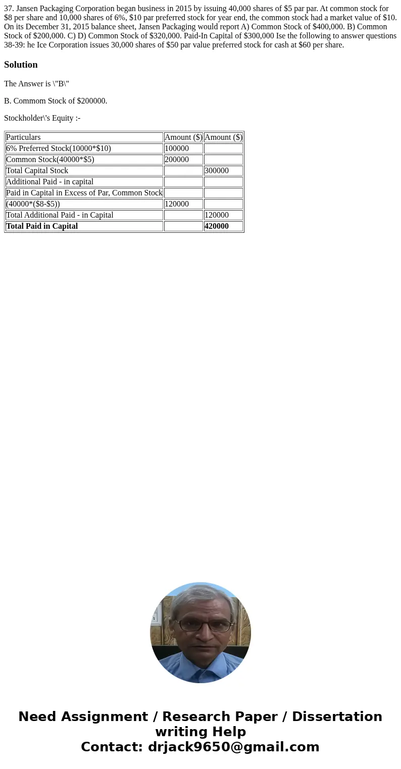  37. Jansen Packaging Corporation began business in 2015 by issuing 40,000 shares of $5 par par. At common stock for $8 per share and 10,000 shares of 6%, $10 p