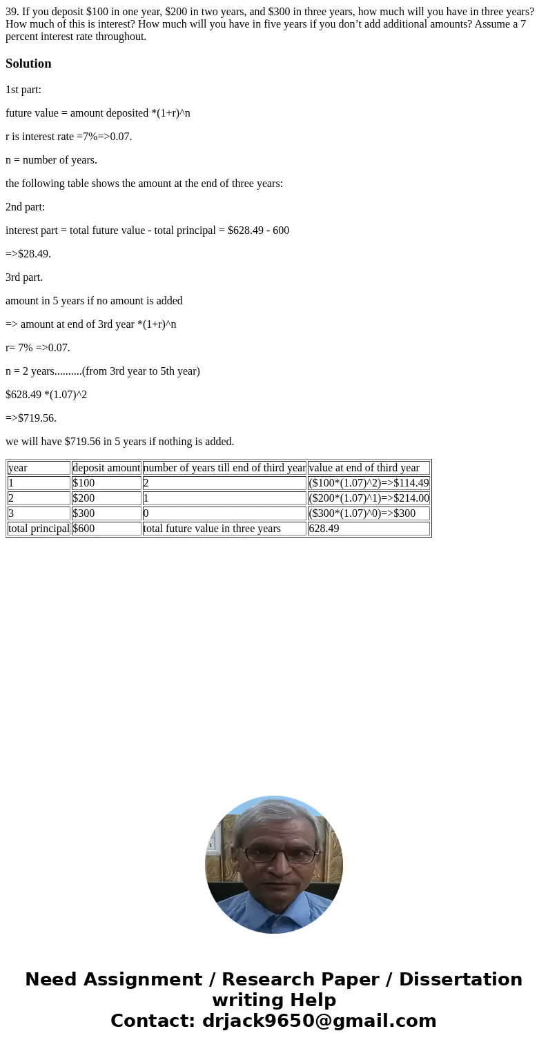39. If you deposit $100 in one year, $200 in two years, and $300 in three years, how much will you have in three years? How much of this is interest? How much w 39. If you deposit $100 in one year, $200 in two years, and $300 in three years, how much will you have in three years? How much of this is interest? How much w