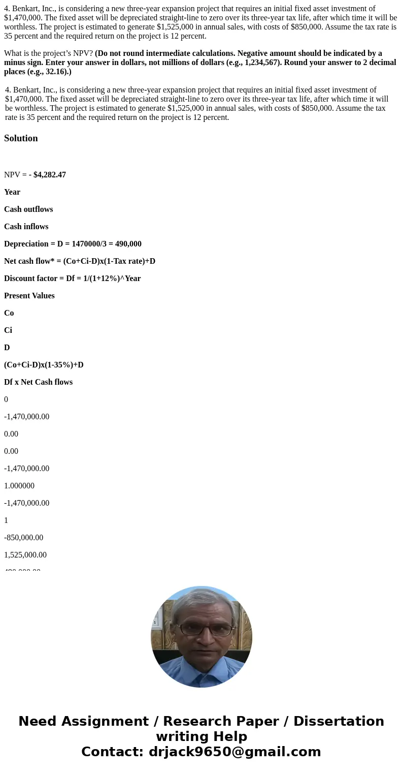 4. Benkart, Inc., is considering a new three-year expansion project that requires an initial fixed asset investment of $1,470,000. The fixed asset will be depre 4. Benkart, Inc., is considering a new three-year expansion project that requires an initial fixed asset investment of $1,470,000. The fixed asset will be depre