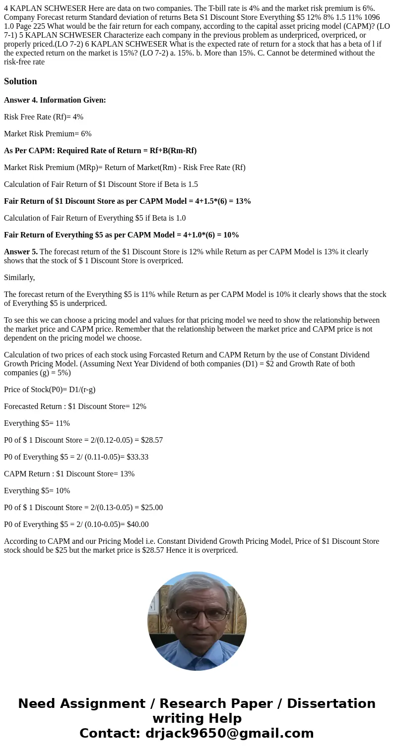  4 KAPLAN SCHWESER Here are data on two companies. The T-bill rate is 4% and the market risk premium is 6%. Company Forecast returm Standard deviation of return