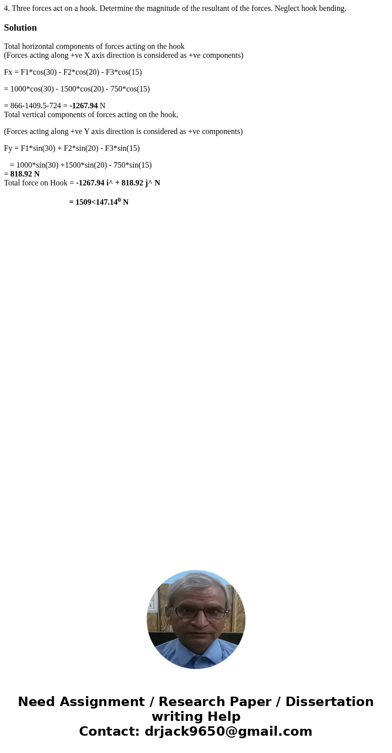  4. Three forces act on a hook. Determine the magnitude of the resultant of the forces. Neglect hook bending. SolutionTotal horizontal components of forces acti