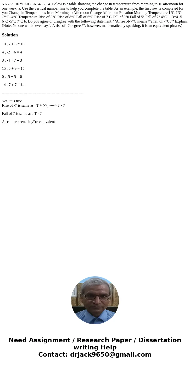  5 6 78 9 10 “10-0 7 -6 54 32 24. Below is a table showing the change in temperature from morning to 10 afternoon for one week. a. Use the vertical number line 