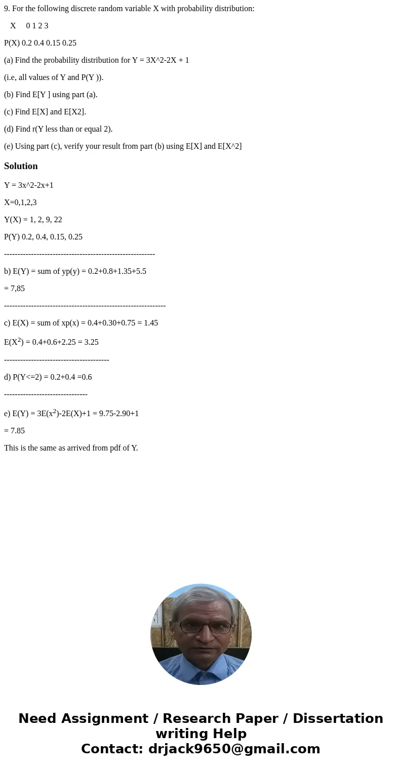 9. For the following discrete random variable X with probability distribution: X 0 1 2 3 P(X) 0.2 0.4 0.15 0.25 (a) Find the probability distribution for Y = 3X 9. For the following discrete random variable X with probability distribution: X 0 1 2 3 P(X) 0.2 0.4 0.15 0.25 (a) Find the probability distribution for Y = 3X