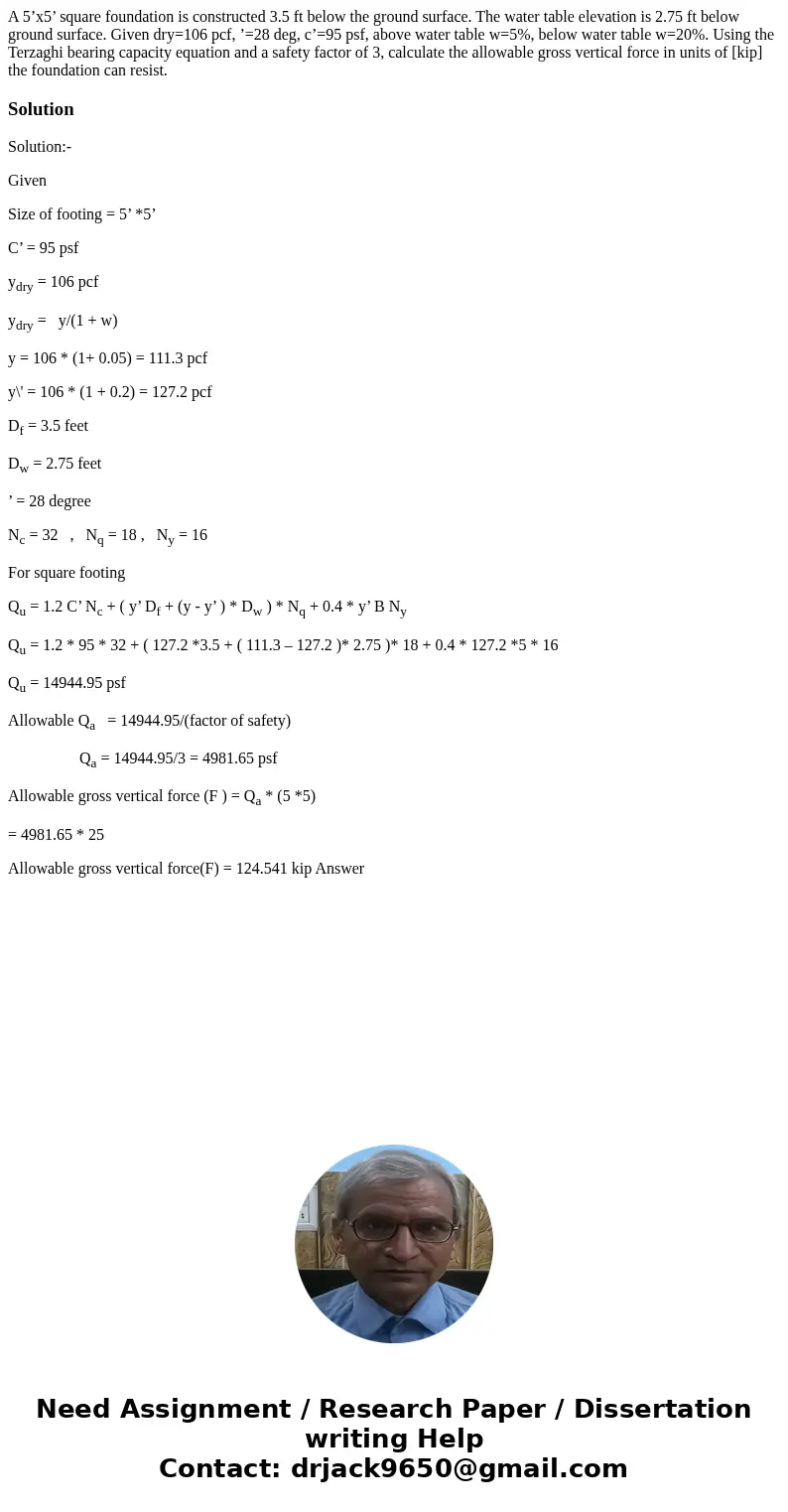 A 5’x5’ square foundation is constructed 3.5 ft below the ground surface. The water table elevation is 2.75 ft below ground surface. Given dry=106 pcf, ’=28 deg