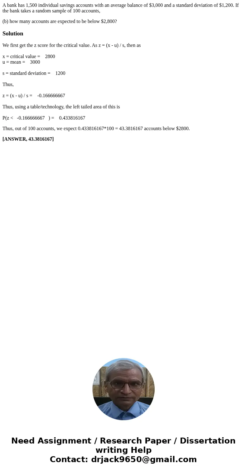 A bank has 1,500 individual savings accounts with an average balance of $3,000 and a standard deviation of $1,200. If the bank takes a random sample of 100 acco