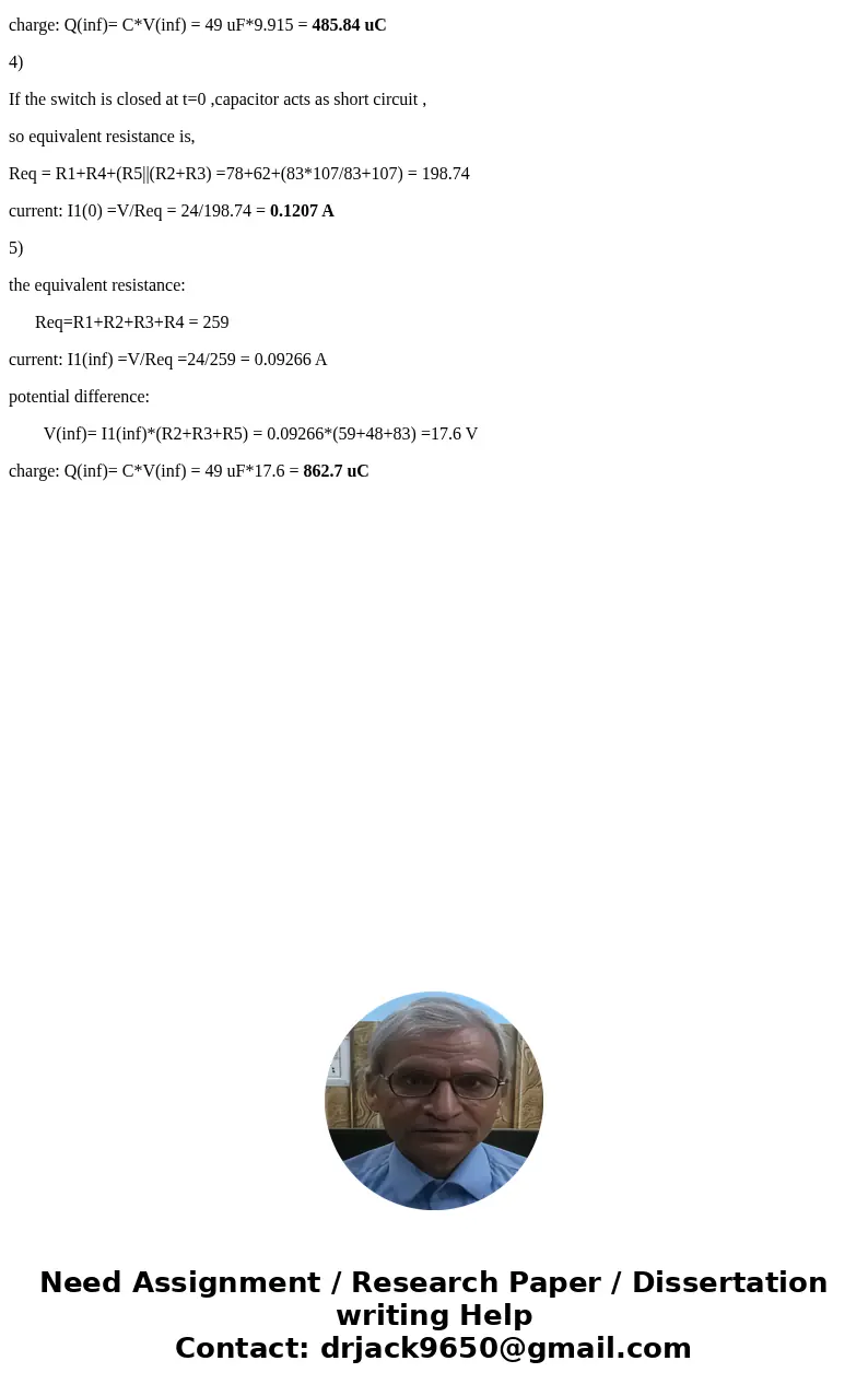 A circuit is constructed with four resistors, one capacitor, one battery and a switch as shown. The values for the resistors are: R1 = R2 = 59 , R3 = 48 and R4 