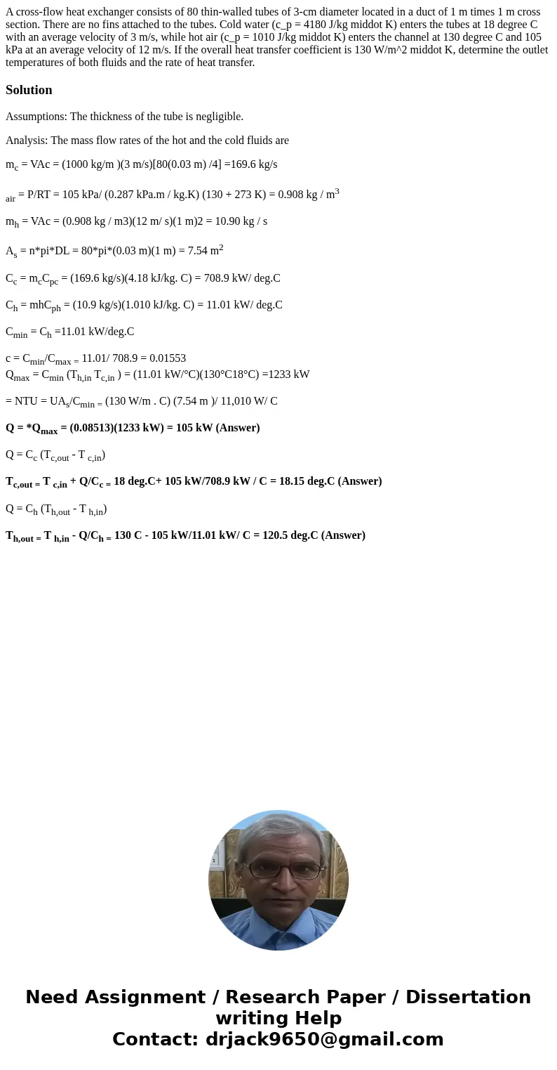  A cross-flow heat exchanger consists of 80 thin-walled tubes of 3-cm diameter located in a duct of 1 m times 1 m cross section. There are no fins attached to t
