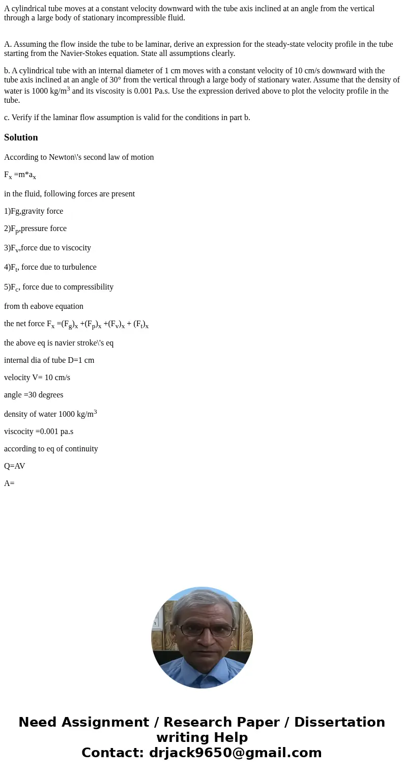 A cylindrical tube moves at a constant velocity downward with the tube axis inclined at an angle from the vertical through a large body of stationary incompress A cylindrical tube moves at a constant velocity downward with the tube axis inclined at an angle from the vertical through a large body of stationary incompress