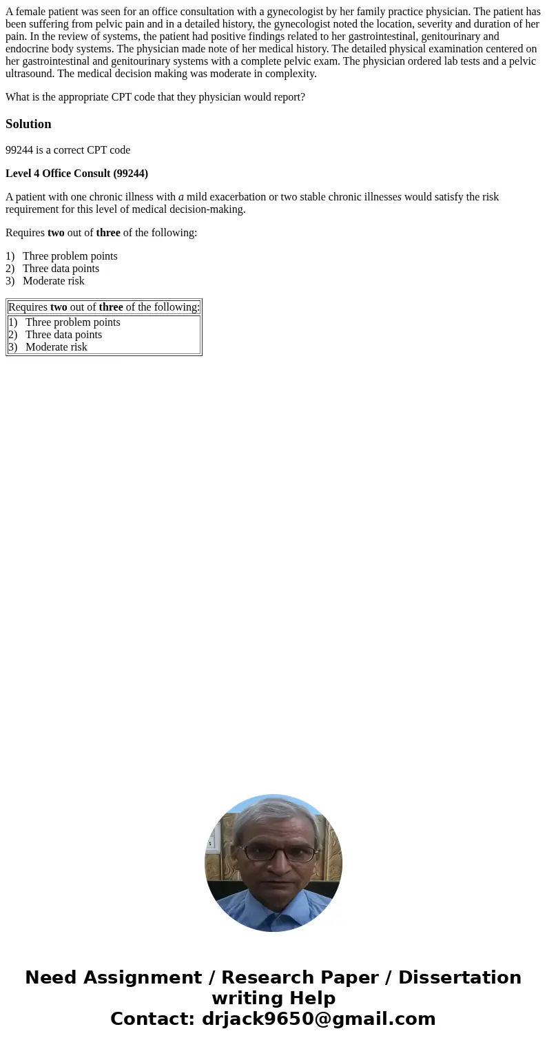 A female patient was seen for an office consultation with a gynecologist by her family practice physician. The patient has been suffering from pelvic pain and i