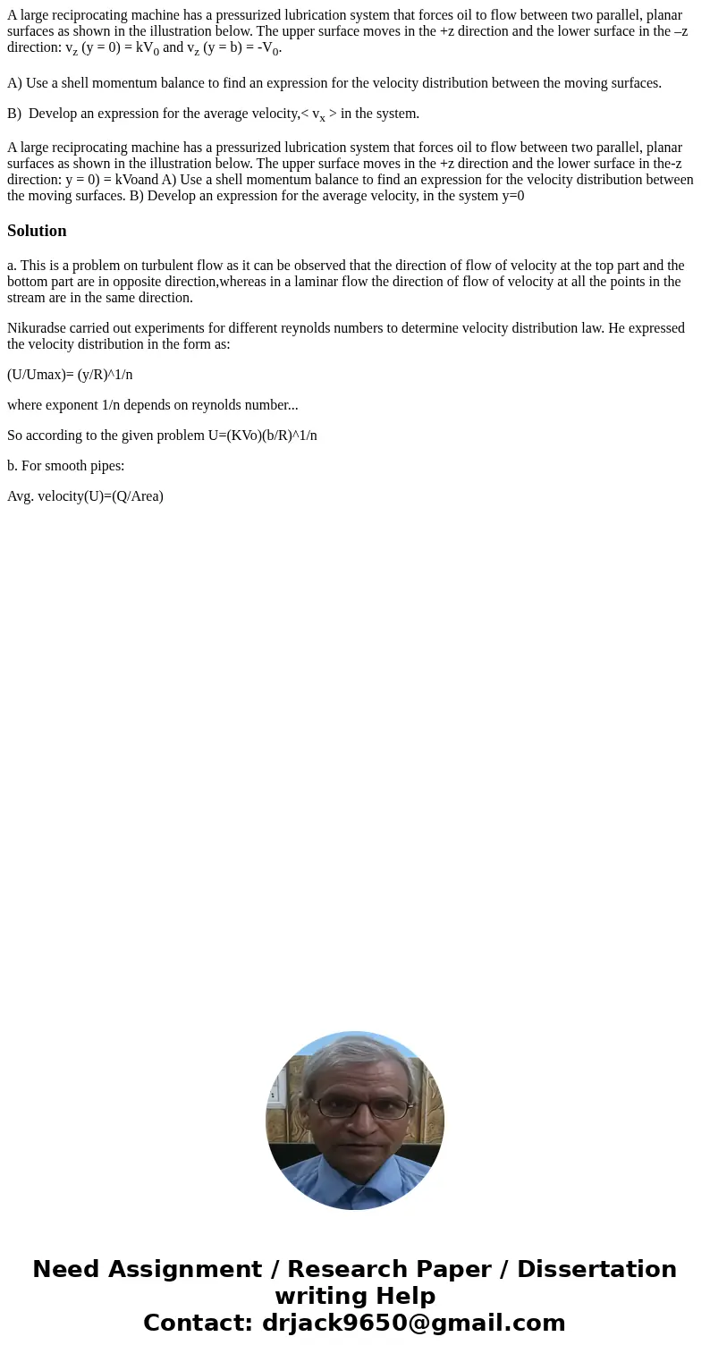 A large reciprocating machine has a pressurized lubrication system that forces oil to flow between two parallel, planar surfaces as shown in the illustration be