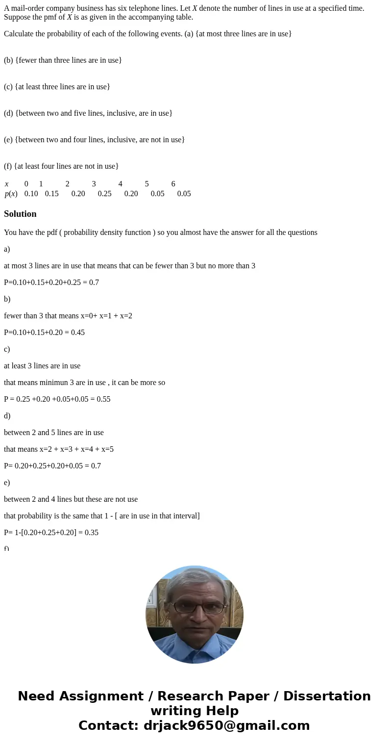A mail-order company business has six telephone lines. Let X denote the number of lines in use at a specified time. Suppose the pmf of X is as given in the acco