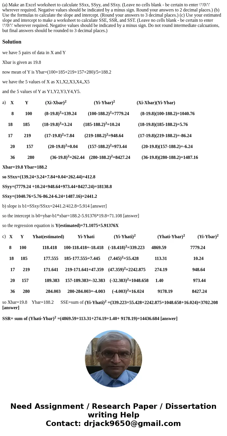 (a) Make an Excel worksheet to calculate SSxx, SSyy, and SSxy. (Leave no cells blank - be certain to enter \'\'0\'\' wherever required. Negative values should   (a) Make an Excel worksheet to calculate SSxx, SSyy, and SSxy. (Leave no cells blank - be certain to enter \'\'0\'\' wherever required. Negative values should