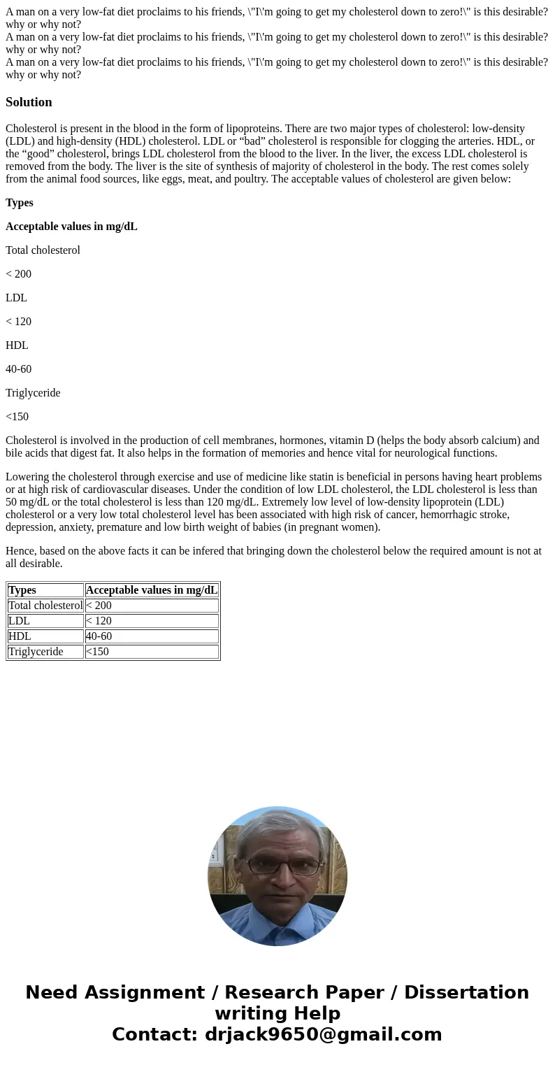  A man on a very low-fat diet proclaims to his friends, \