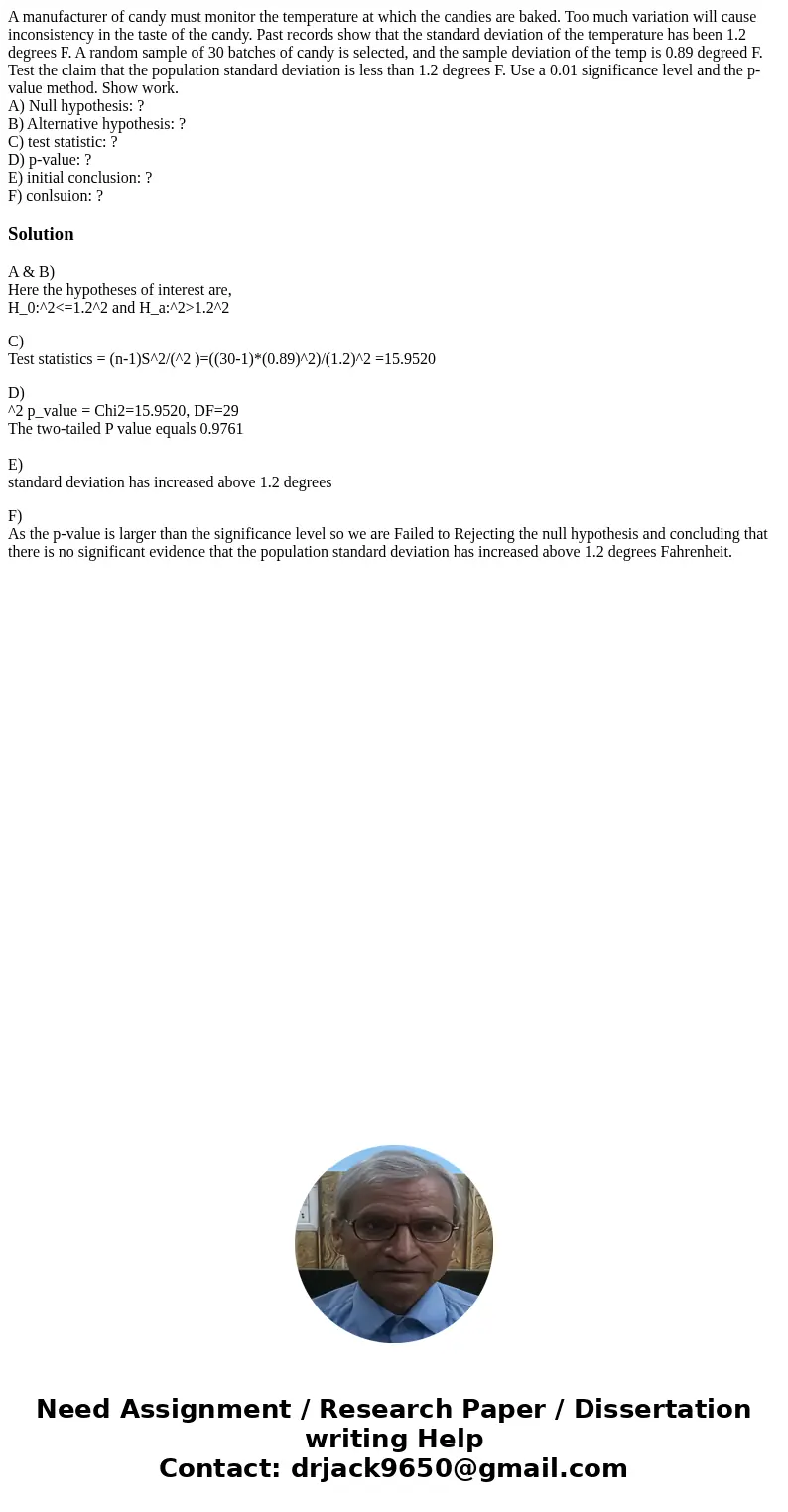 A manufacturer of candy must monitor the temperature at which the candies are baked. Too much variation will cause inconsistency in the taste of the candy. Past