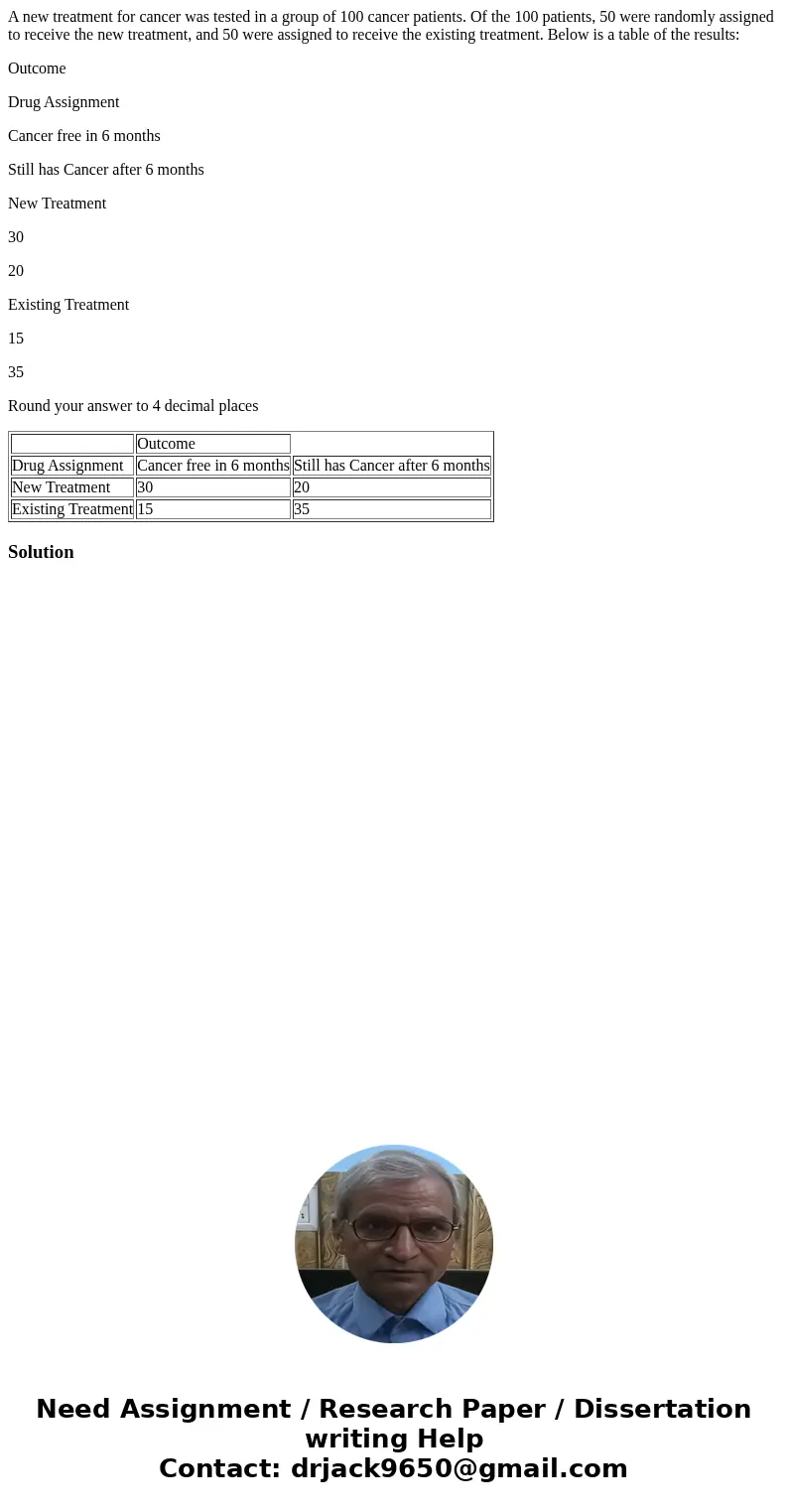 A new treatment for cancer was tested in a group of 100 cancer patients. Of the 100 patients, 50 were randomly assigned to receive the new treatment, and 50 wer