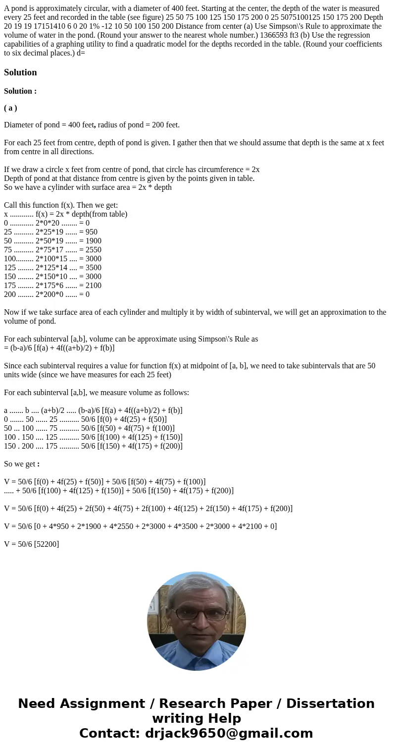 A pond is approximately circular, with a diameter of 400 feet. Starting at the center, the depth of the water is measured every 25 feet and recorded in the tab  A pond is approximately circular, with a diameter of 400 feet. Starting at the center, the depth of the water is measured every 25 feet and recorded in the tab