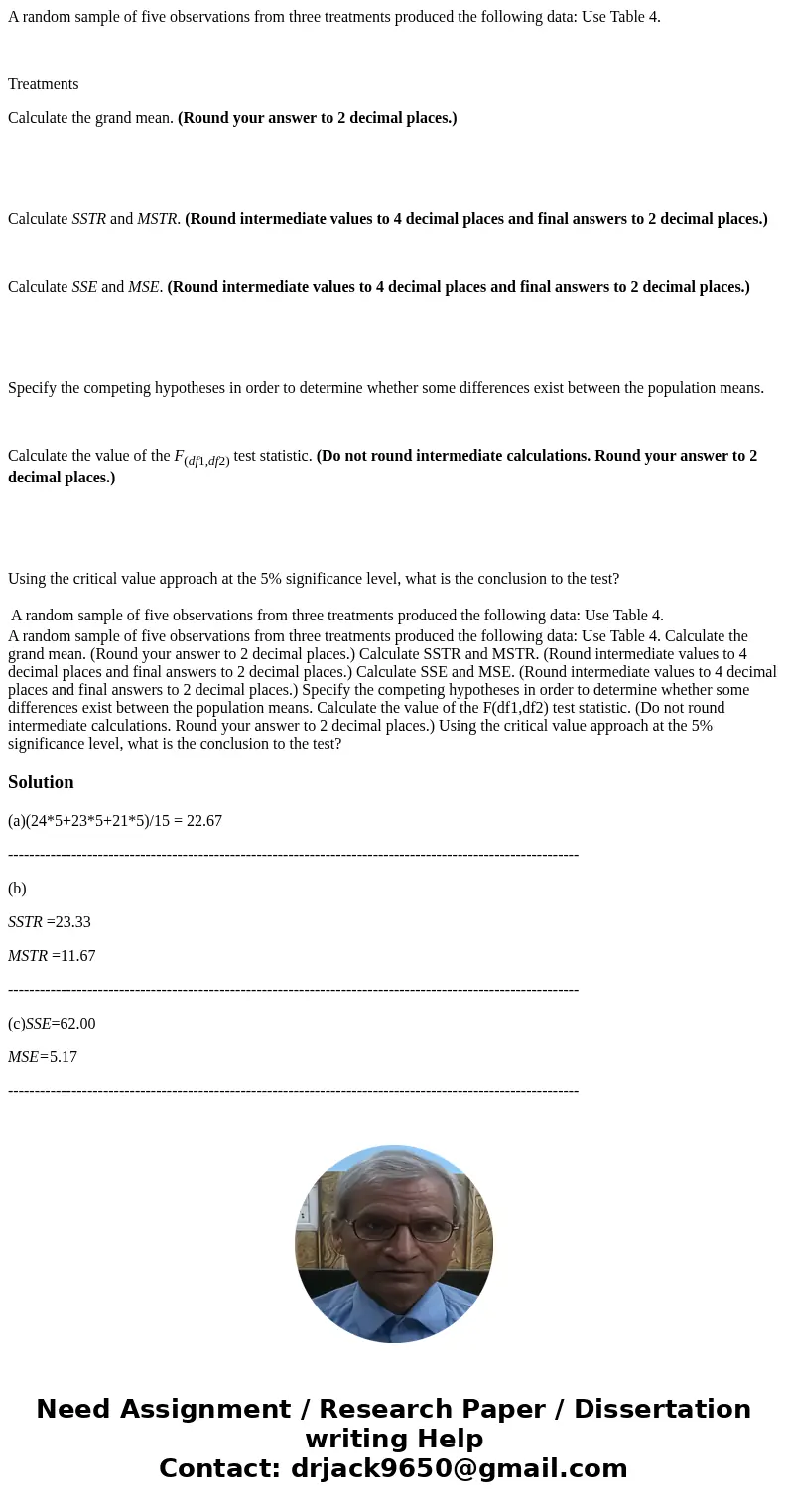 A random sample of five observations from three treatments produced the following data: Use Table 4. Treatments Calculate the grand mean. (Round your answer to 