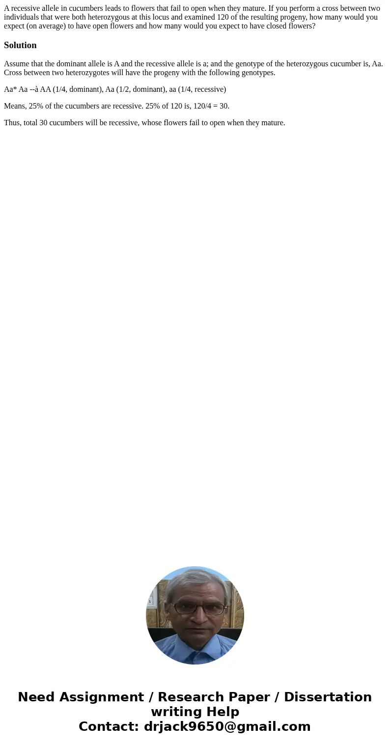  A recessive allele in cucumbers leads to flowers that fail to open when they mature. If you perform a cross between two individuals that were both heterozygous