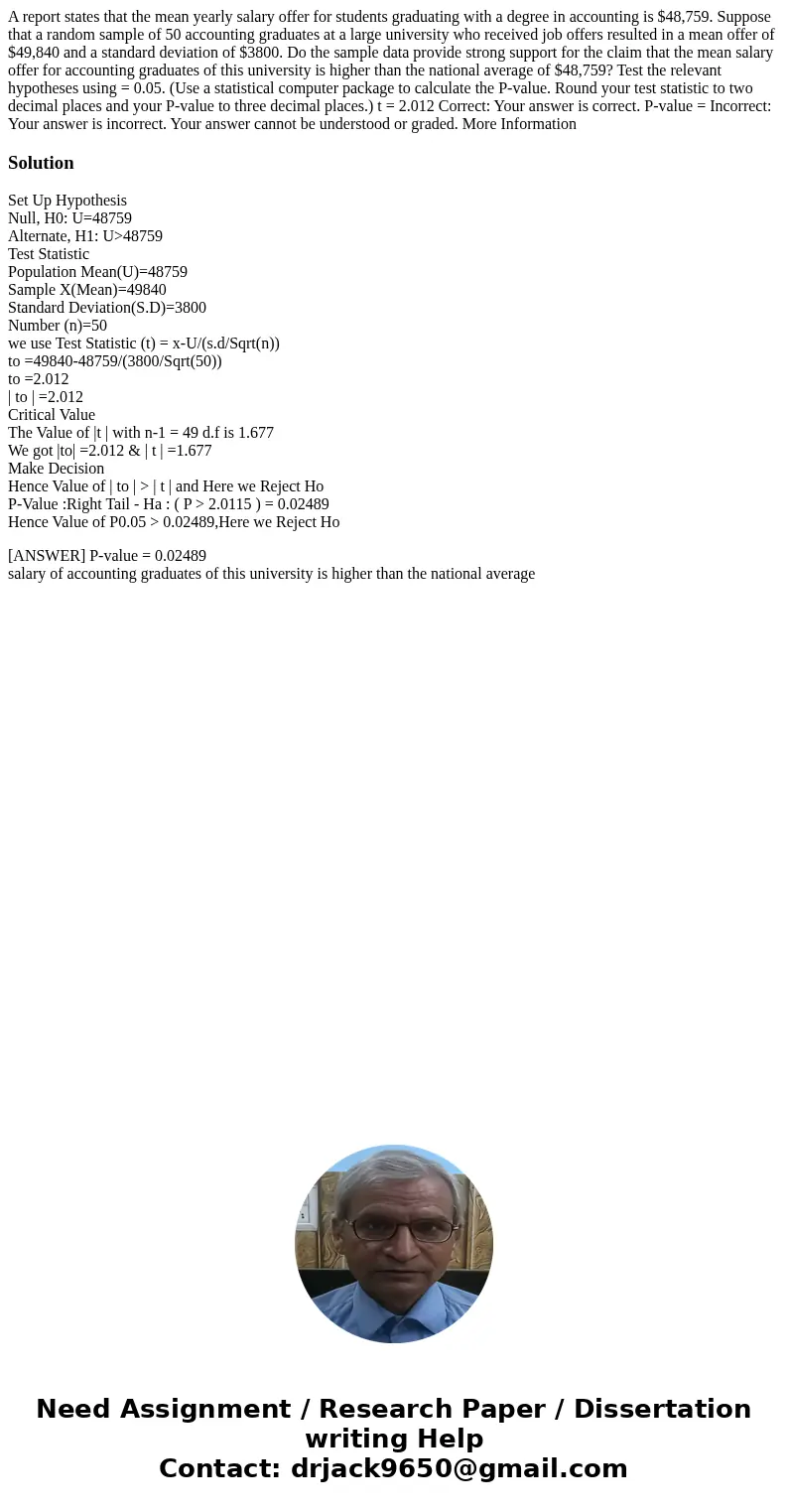 A report states that the mean yearly salary offer for students graduating with a degree in accounting is $48,759. Suppose that a random sample of 50 accounting 