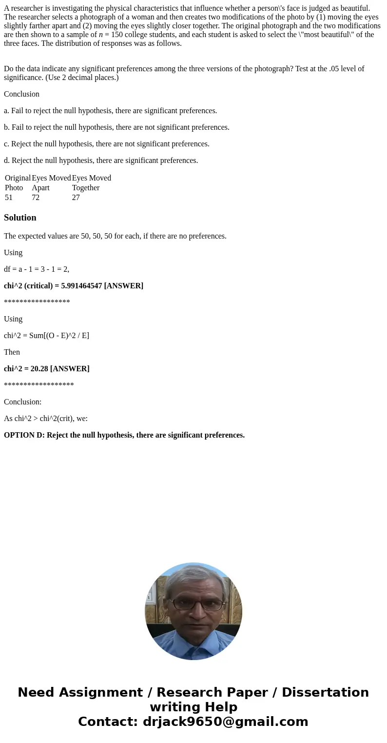 A researcher is investigating the physical characteristics that influence whether a person\'s face is judged as beautiful. The researcher selects a photograph o A researcher is investigating the physical characteristics that influence whether a person\'s face is judged as beautiful. The researcher selects a photograph o