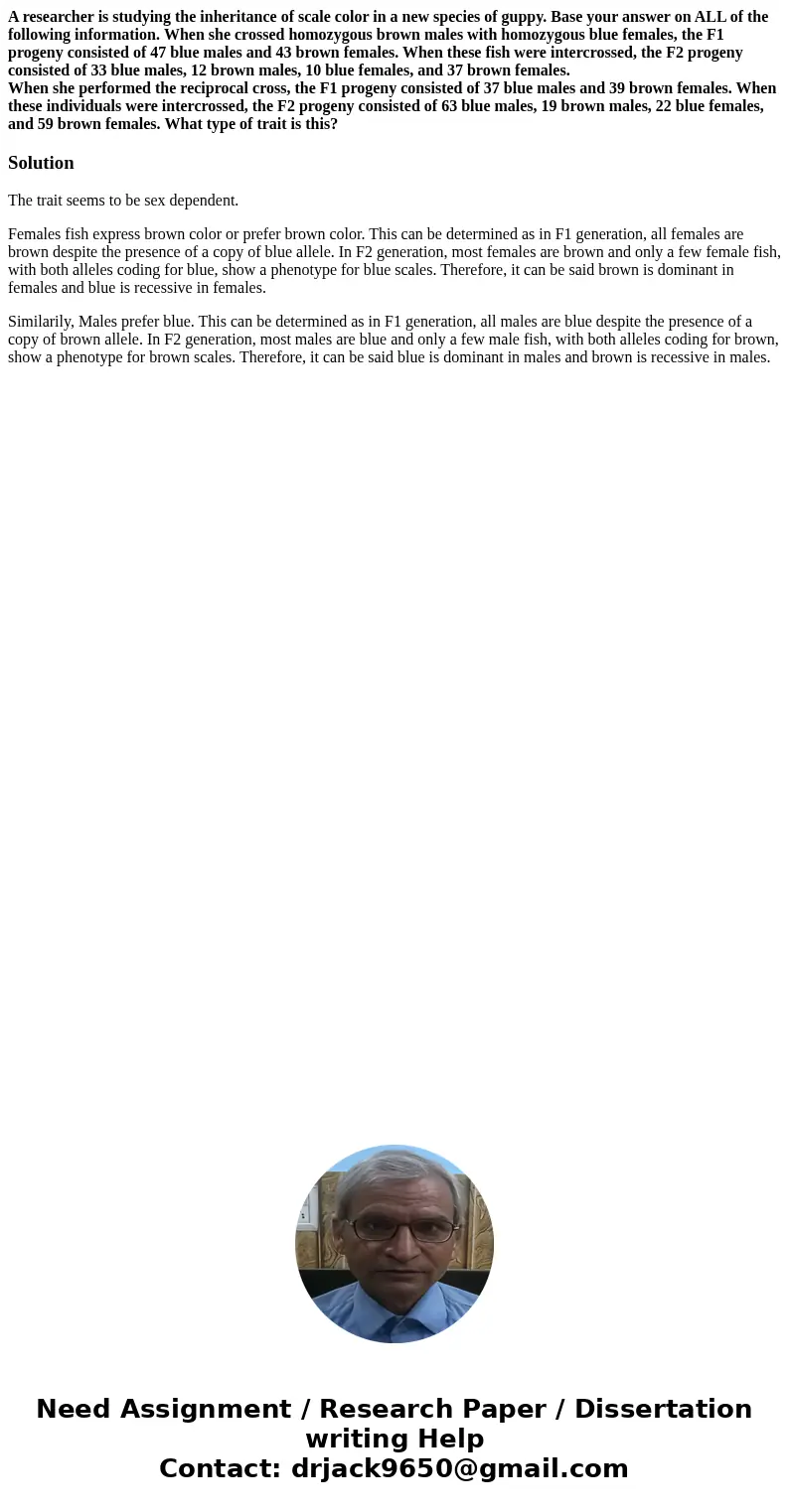 A researcher is studying the inheritance of scale color in a new species of guppy. Base your answer on ALL of the following information. When she crossed homozy A researcher is studying the inheritance of scale color in a new species of guppy. Base your answer on ALL of the following information. When she crossed homozy