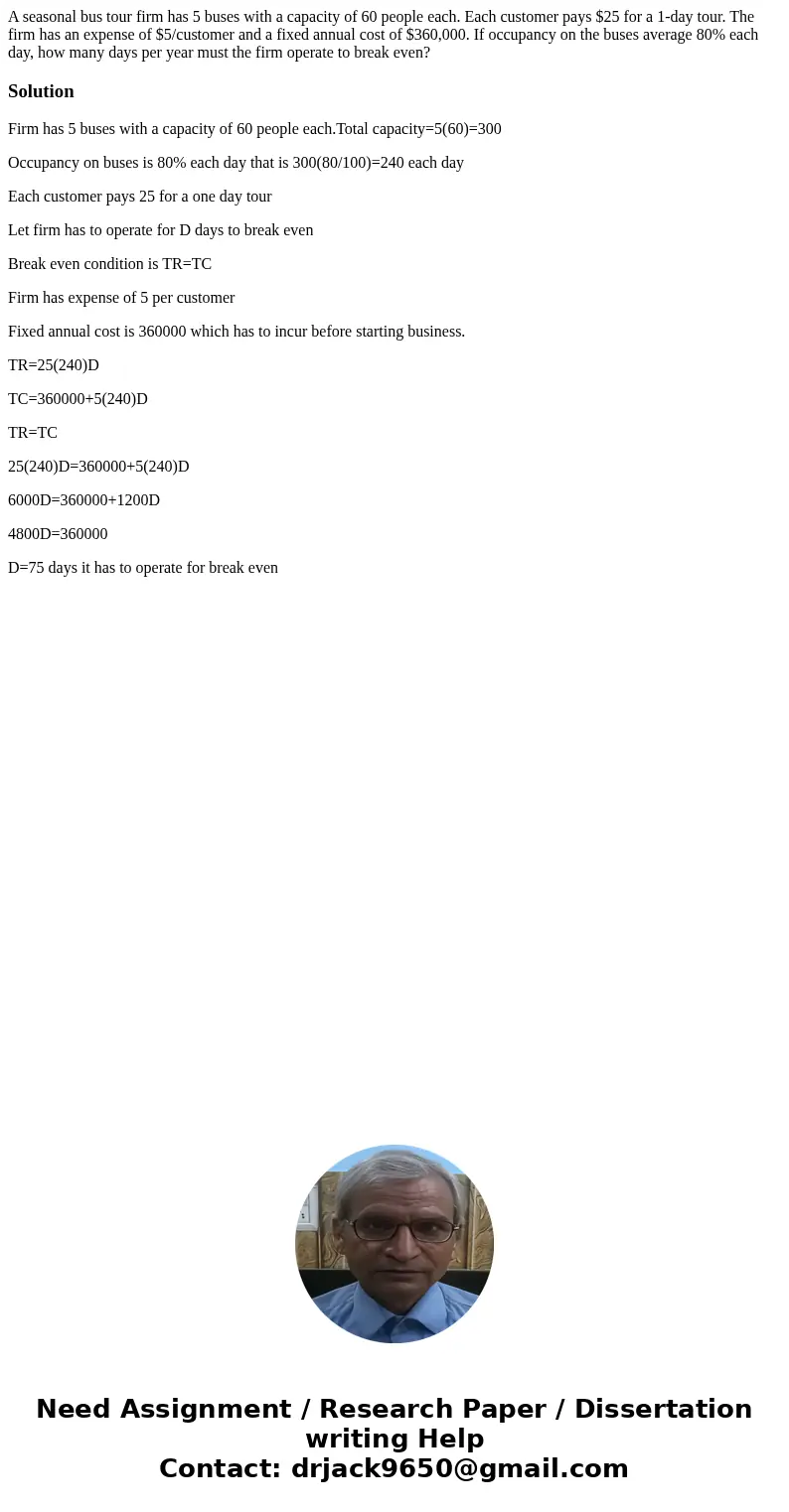A seasonal bus tour firm has 5 buses with a capacity of 60 people each. Each customer pays $25 for a 1-day tour. The firm has an expense of $5/customer and a fi A seasonal bus tour firm has 5 buses with a capacity of 60 people each. Each customer pays $25 for a 1-day tour. The firm has an expense of $5/customer and a fi