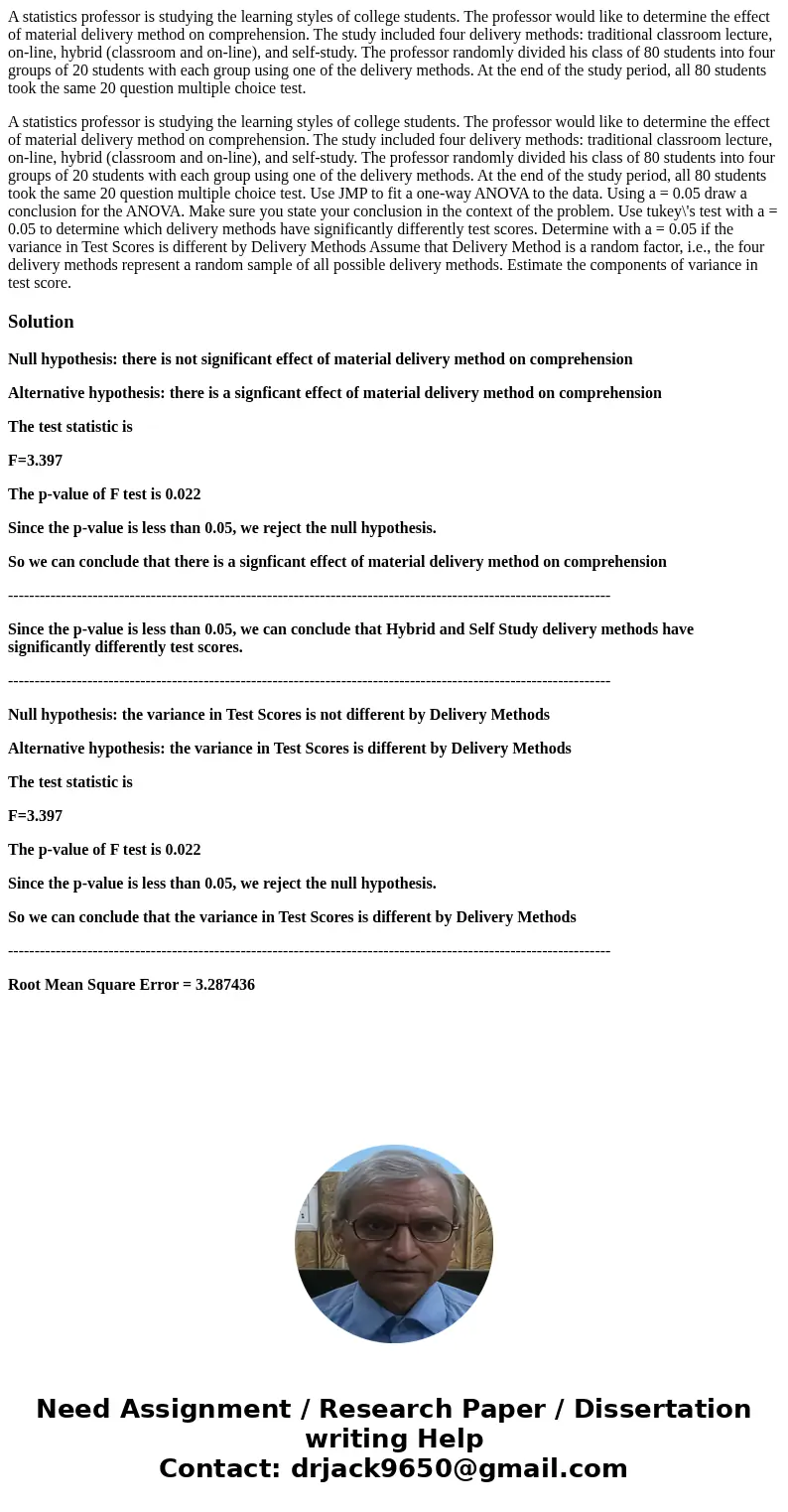 A statistics professor is studying the learning styles of college students. The professor would like to determine the effect of material delivery method on comp