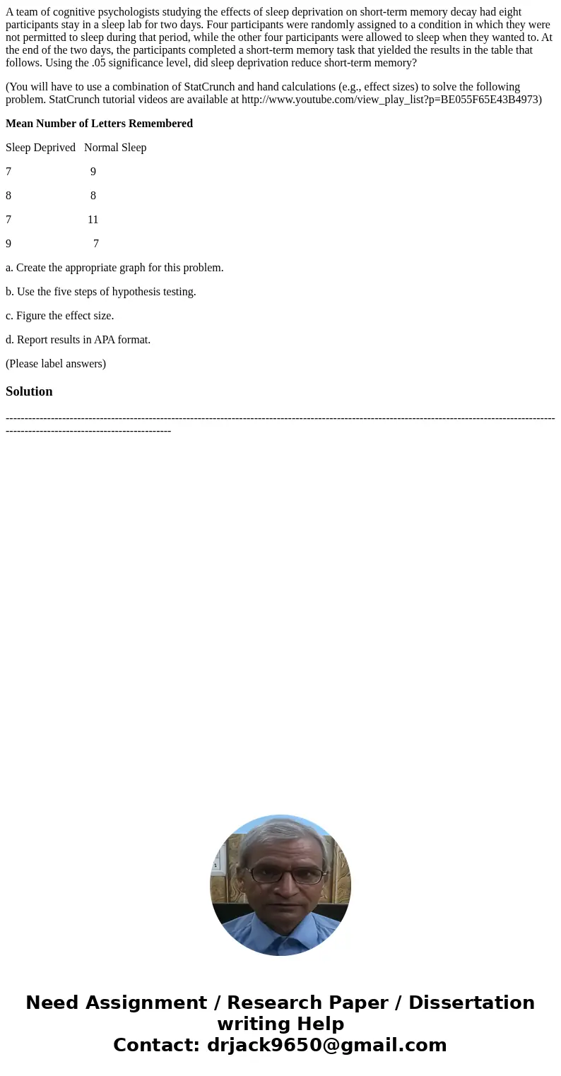 A team of cognitive psychologists studying the effects of sleep deprivation on short-term memory decay had eight participants stay in a sleep lab for two days.  A team of cognitive psychologists studying the effects of sleep deprivation on short-term memory decay had eight participants stay in a sleep lab for two days.