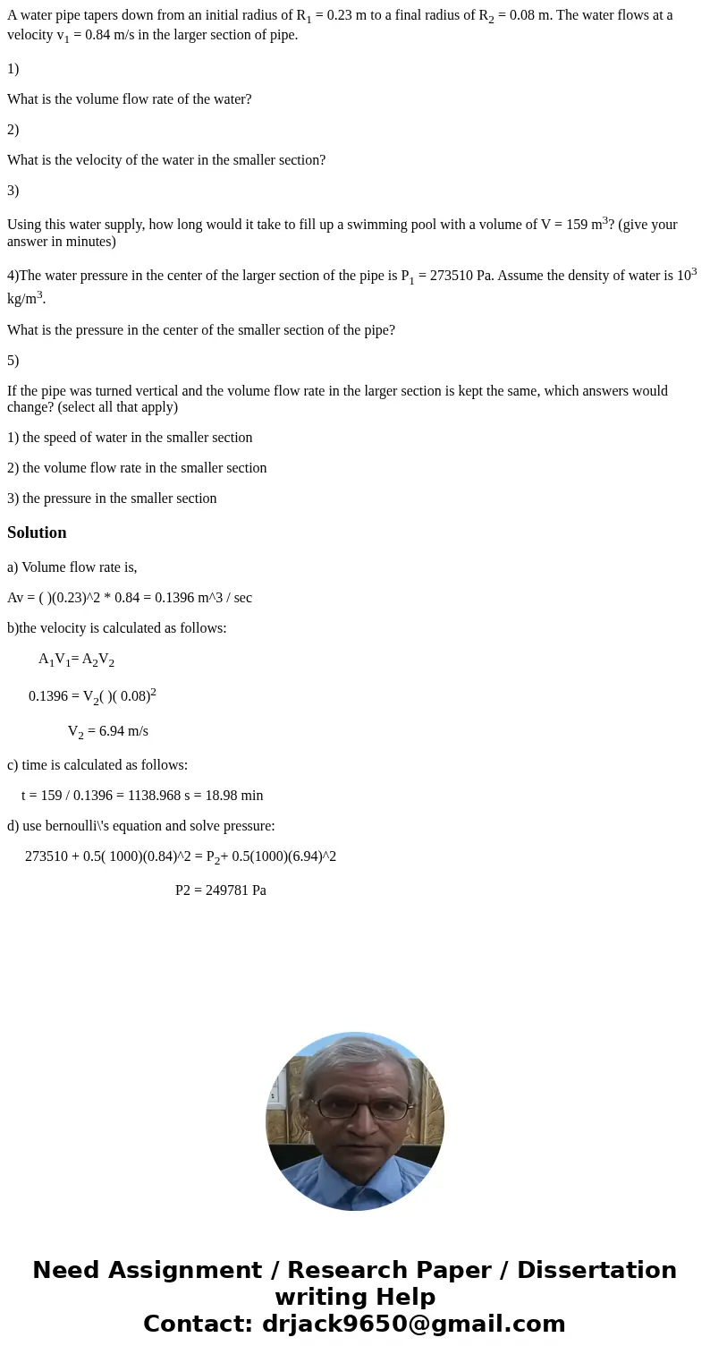 A water pipe tapers down from an initial radius of R1 = 0.23 m to a final radius of R2 = 0.08 m. The water flows at a velocity v1 = 0.84 m/s in the larger secti