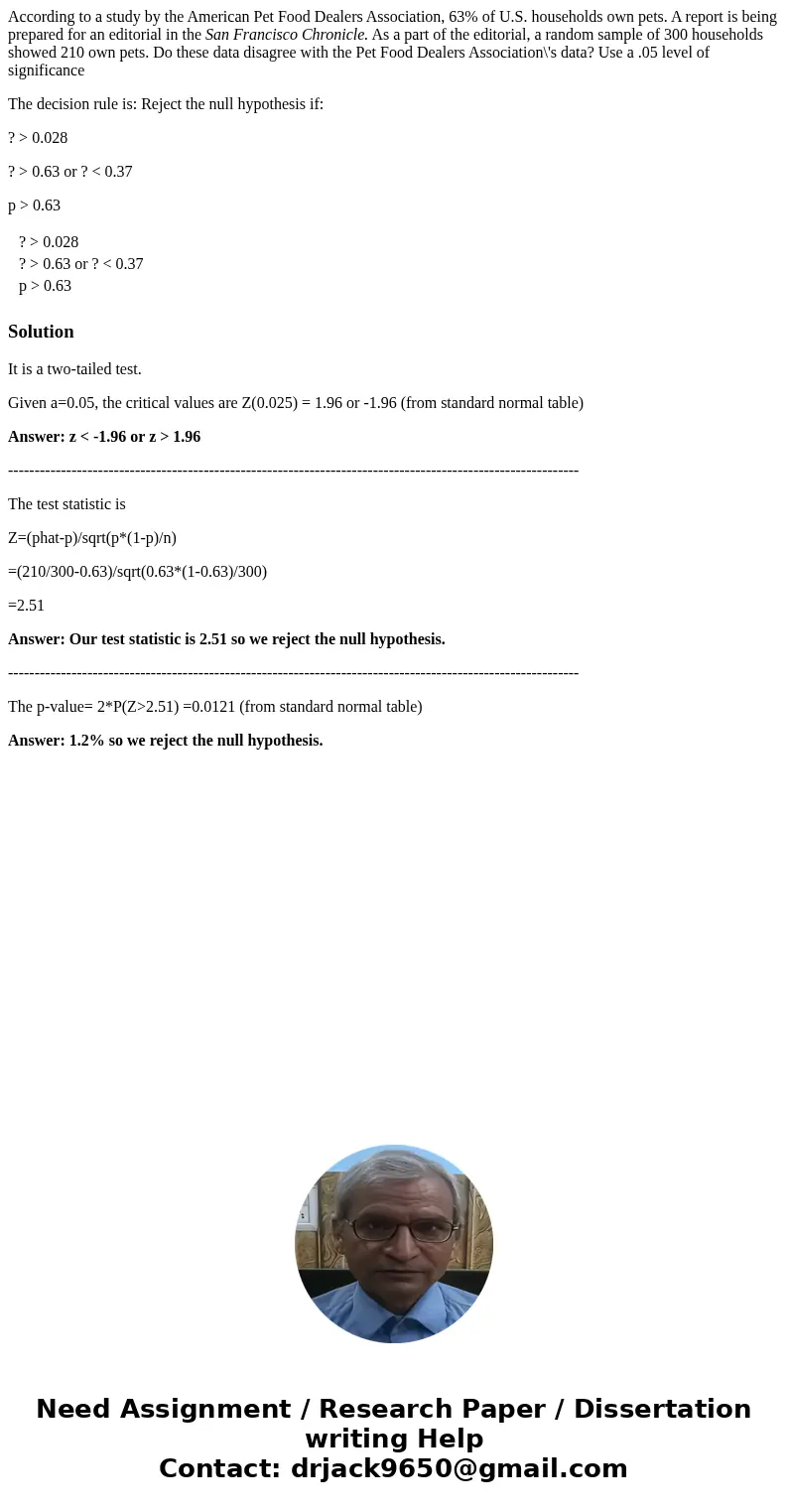 According to a study by the American Pet Food Dealers Association, 63% of U.S. households own pets. A report is being prepared for an editorial in the San Franc
