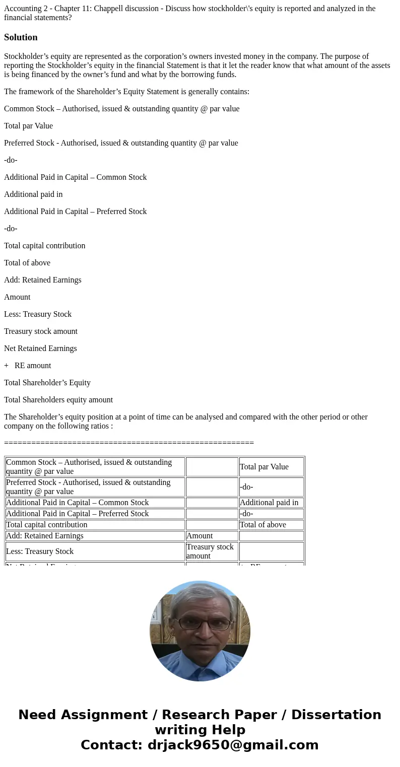 Accounting 2 - Chapter 11: Chappell discussion - Discuss how stockholder\'s equity is reported and analyzed in the financial statements?SolutionStockholder’s eq Accounting 2 - Chapter 11: Chappell discussion - Discuss how stockholder\'s equity is reported and analyzed in the financial statements?SolutionStockholder’s eq