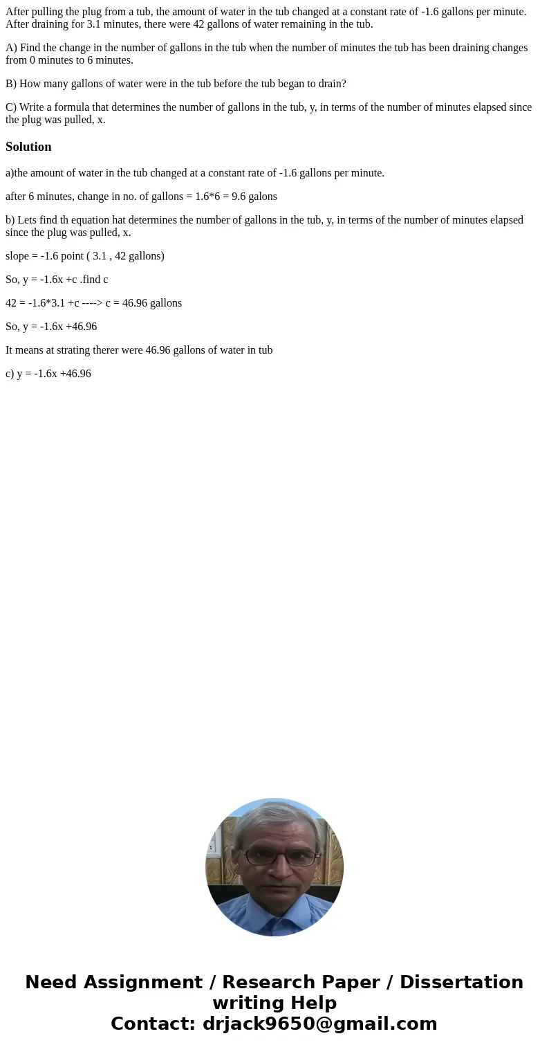 After pulling the plug from a tub, the amount of water in the tub changed at a constant rate of -1.6 gallons per minute. After draining for 3.1 minutes, there w