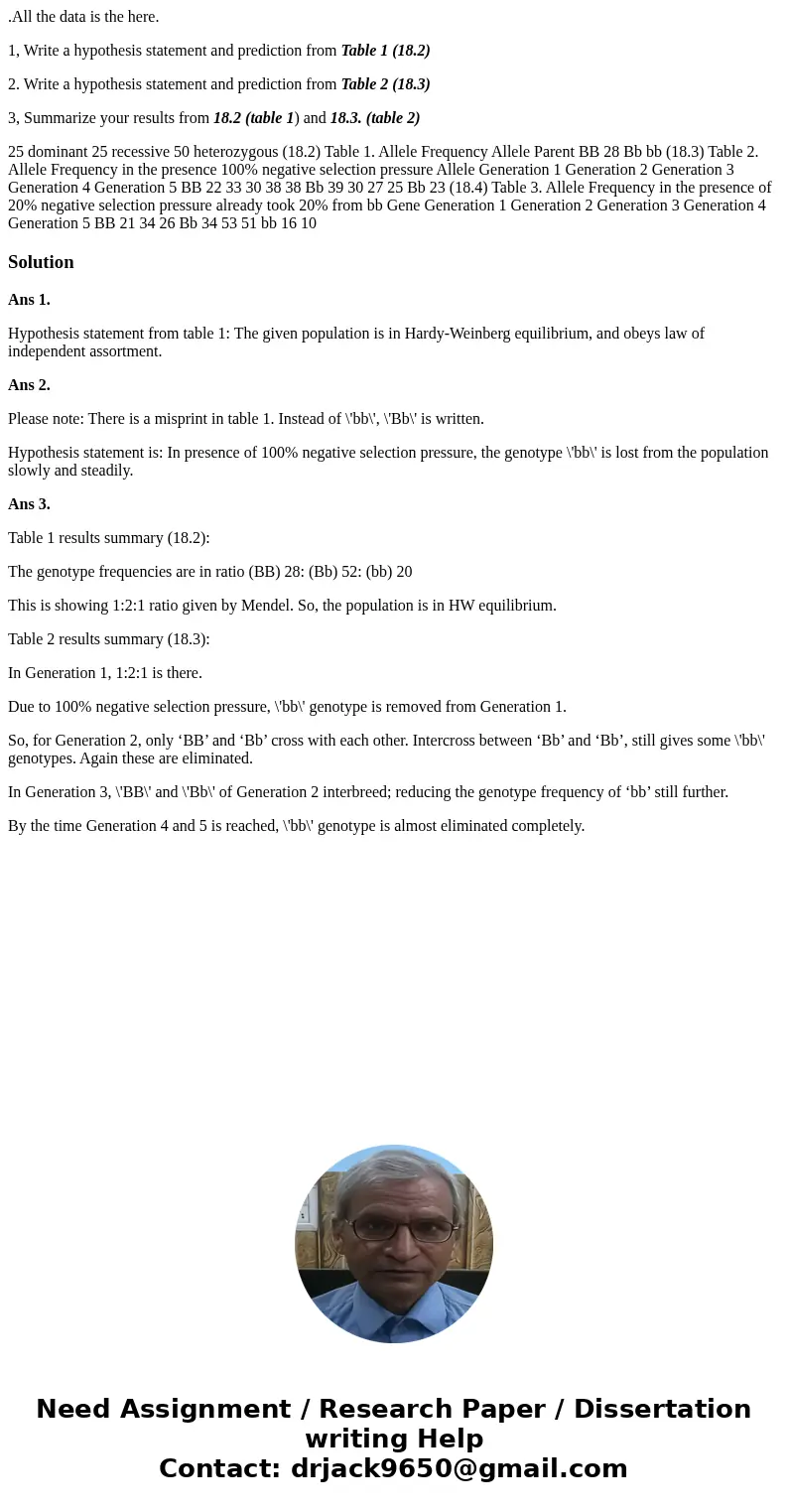 .All the data is the here. 1, Write a hypothesis statement and prediction from Table 1 (18.2) 2. Write a hypothesis statement and prediction from Table 2 (18.3) .All the data is the here. 1, Write a hypothesis statement and prediction from Table 1 (18.2) 2. Write a hypothesis statement and prediction from Table 2 (18.3)
