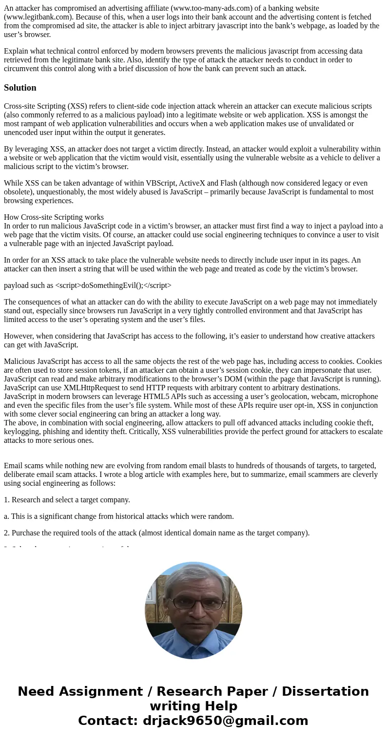 An attacker has compromised an advertising affiliate (www.too-many-ads.com) of a banking website (www.legitbank.com). Because of this, when a user logs into the