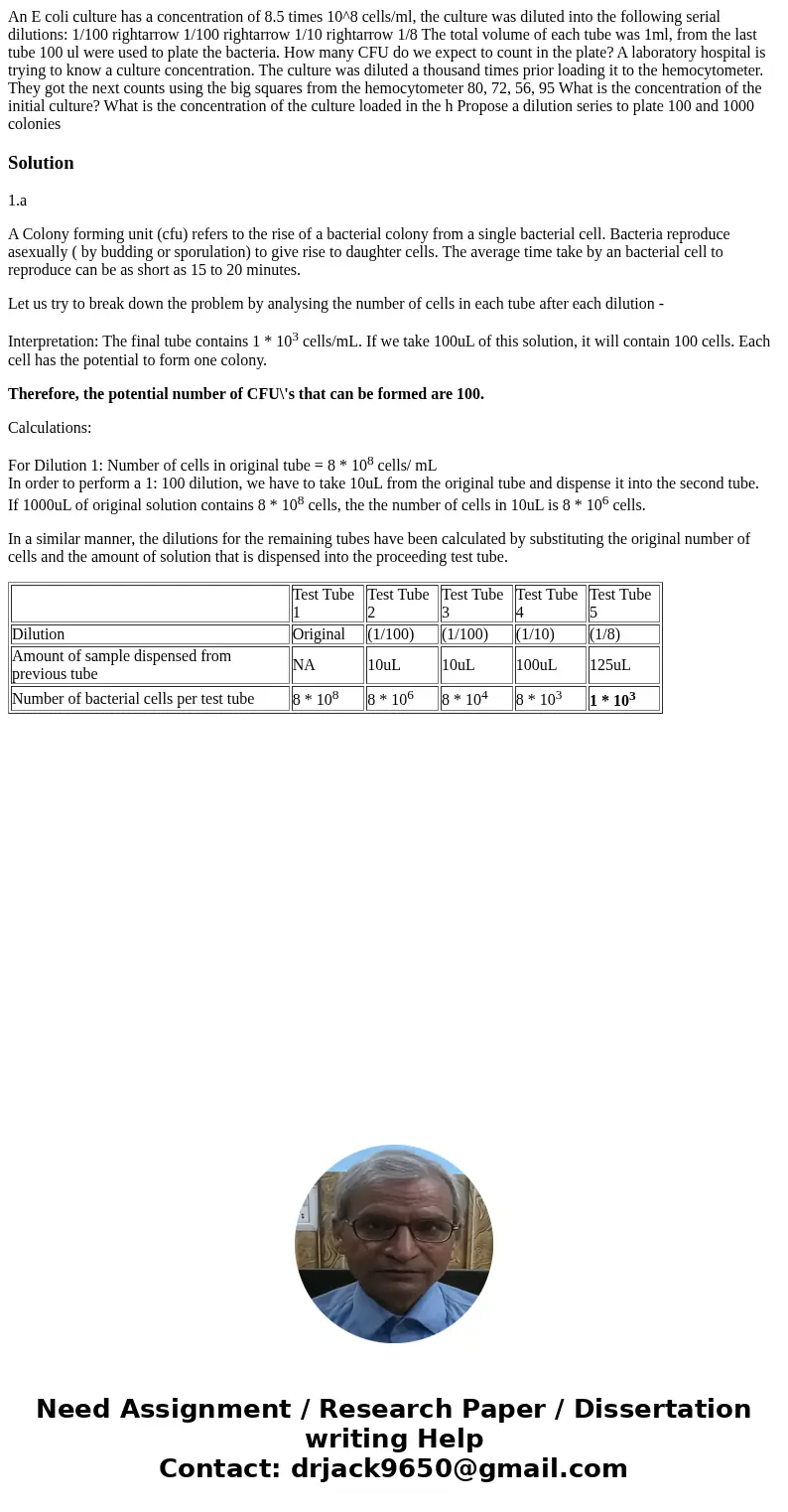 An E coli culture has a concentration of 8.5 times 10^8 cells/ml, the culture was diluted into the following serial dilutions: 1/100 rightarrow 1/100 rightarro  An E coli culture has a concentration of 8.5 times 10^8 cells/ml, the culture was diluted into the following serial dilutions: 1/100 rightarrow 1/100 rightarro