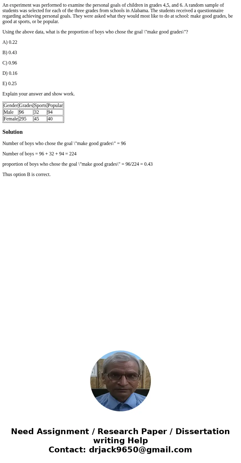 An experiment was performed to examine the personal goals of children in grades 4,5, and 6. A random sample of students was selected for each of the three grade