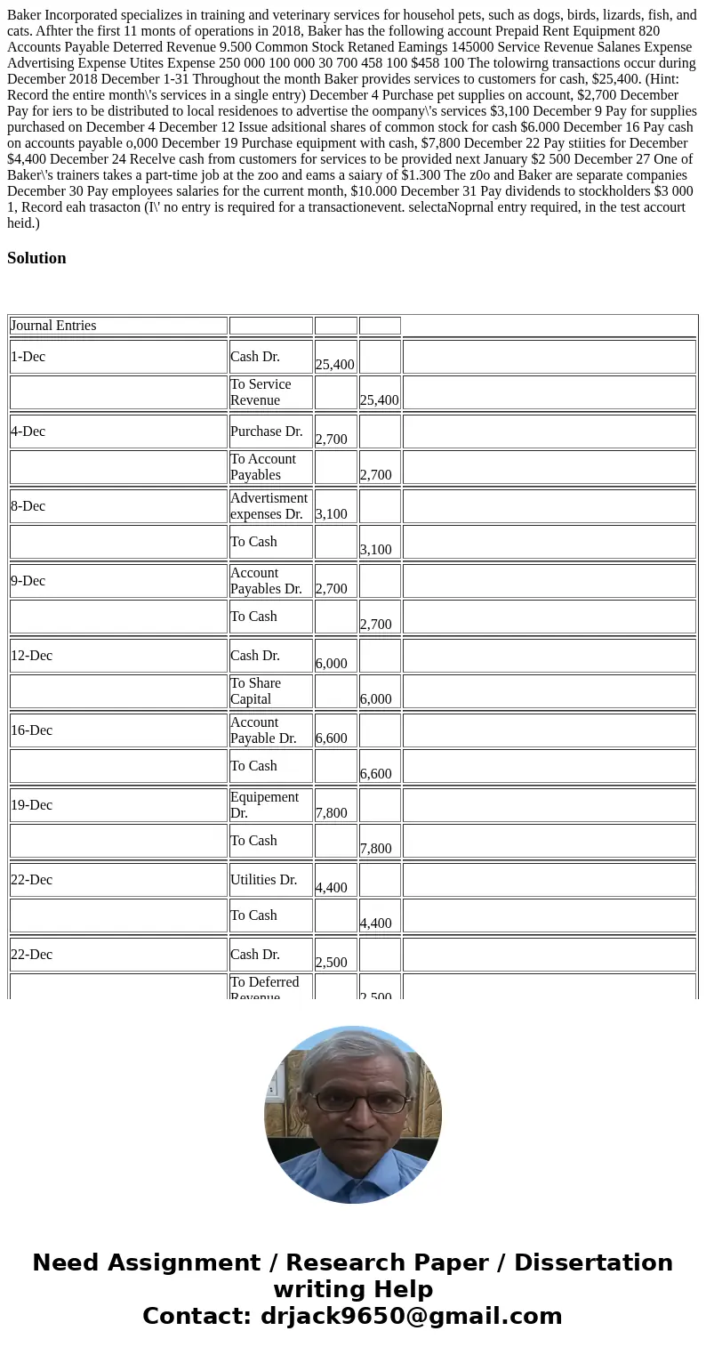  Baker Incorporated specializes in training and veterinary services for househol pets, such as dogs, birds, lizards, fish, and cats. Afhter the first 11 monts o