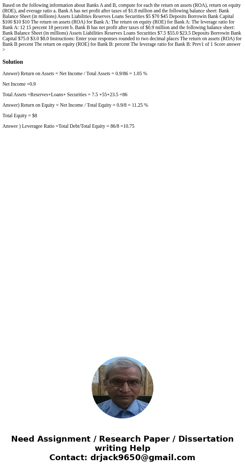  Based on the following information about Banks A and B, compute for each the return on assets (ROA), return on equity (ROE), and everage ratio a. Bank A has ne
