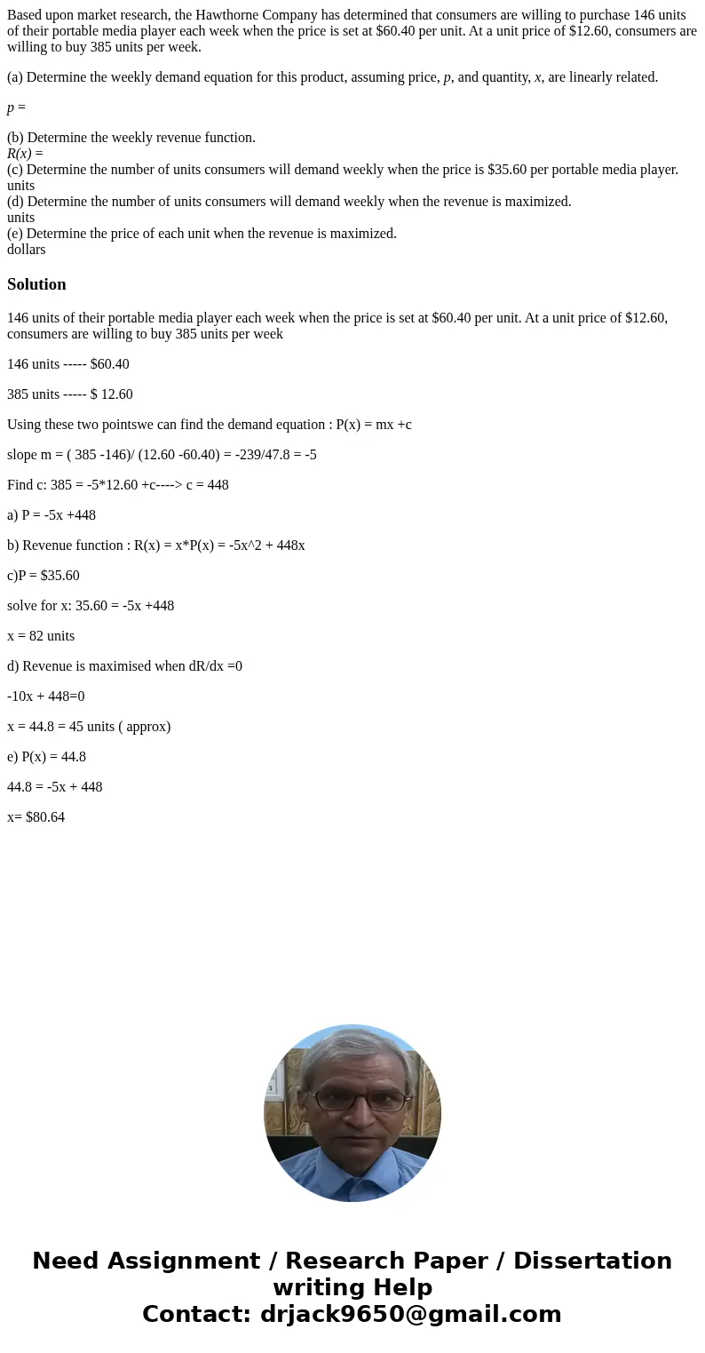 Based upon market research, the Hawthorne Company has determined that consumers are willing to purchase 146 units of their portable media player each week when 