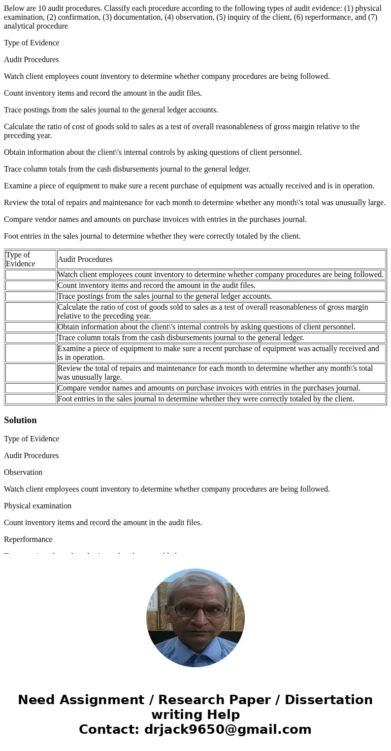 Below are 10 audit procedures. Classify each procedure according to the following types of audit evidence: (1) physical examination, (2) confirmation, (3) docum Below are 10 audit procedures. Classify each procedure according to the following types of audit evidence: (1) physical examination, (2) confirmation, (3) docum