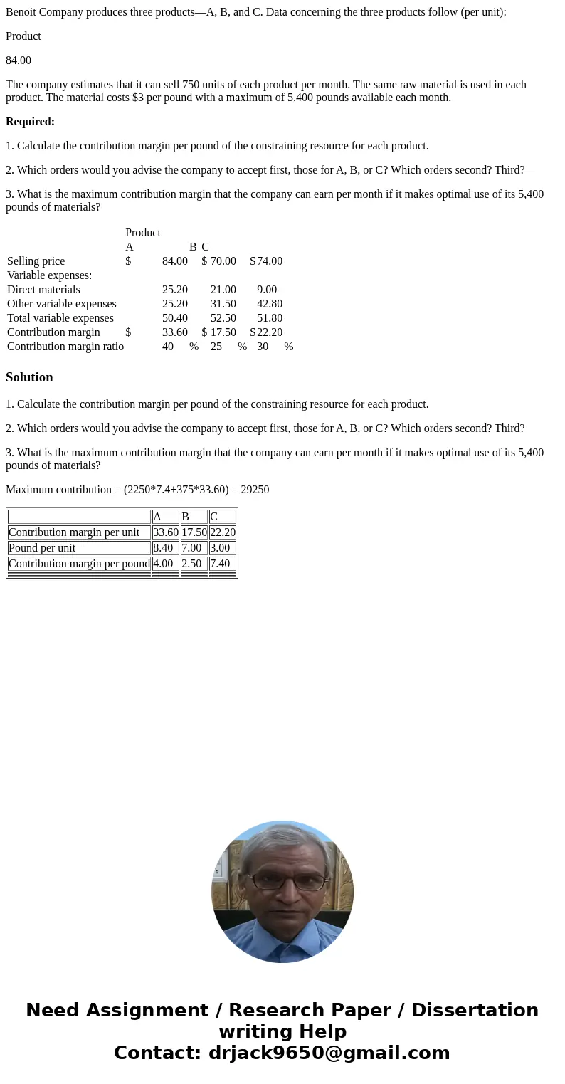 Benoit Company produces three products—A, B, and C. Data concerning the three products follow (per unit): Product 84.00 The company estimates that it can sell 7