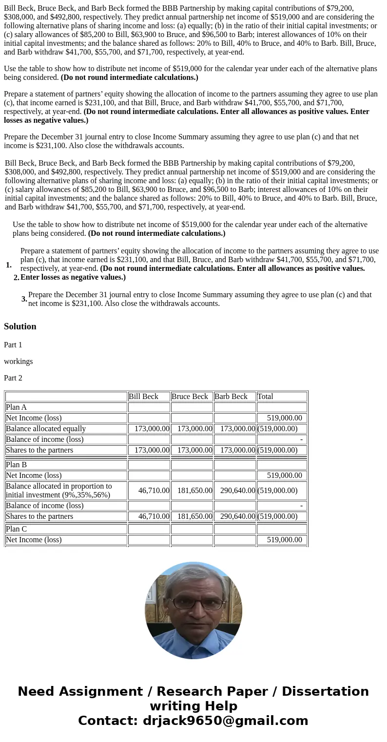 Bill Beck, Bruce Beck, and Barb Beck formed the BBB Partnership by making capital contributions of $79,200, $308,000, and $492,800, respectively. They predict a Bill Beck, Bruce Beck, and Barb Beck formed the BBB Partnership by making capital contributions of $79,200, $308,000, and $492,800, respectively. They predict a