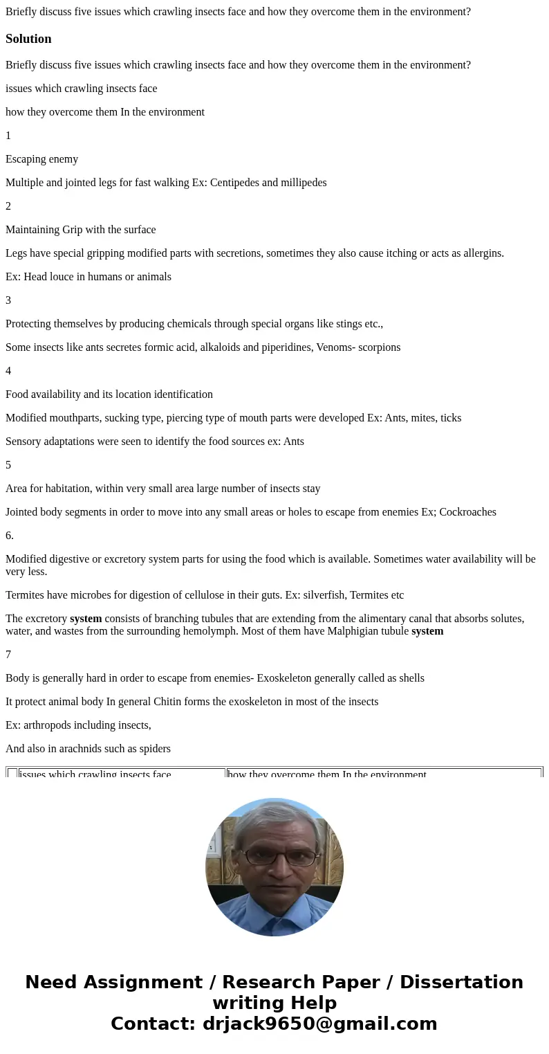 Briefly discuss five issues which crawling insects face and how they overcome them in the environment?SolutionBriefly discuss five issues which crawling insect  Briefly discuss five issues which crawling insects face and how they overcome them in the environment?SolutionBriefly discuss five issues which crawling insect