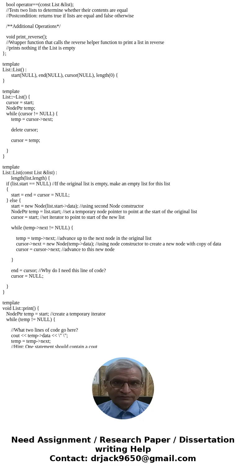 C++ problem Part 1: Recursive Print (40 pts) Please write the recursive List reverse print function, whose iterative version we wrote in class. Below are the fu C++ problem Part 1: Recursive Print (40 pts) Please write the recursive List reverse print function, whose iterative version we wrote in class. Below are the fu